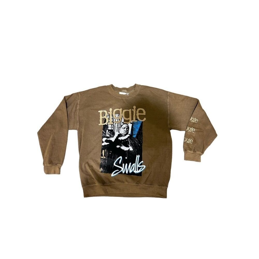 Vintage Biggie Smalls Hip Hop‎ Rap Brown Crewneck Sweatshirt with Sleeve Print - Picture 2 of 5